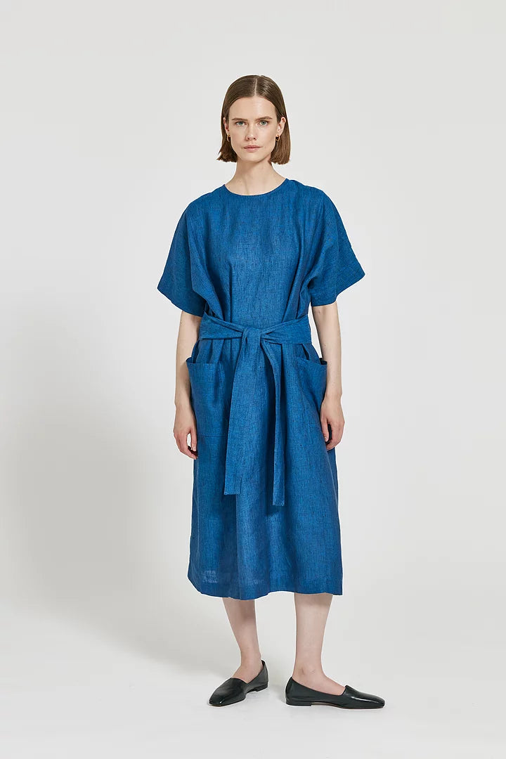 Mari belted linen dress - deep night blue