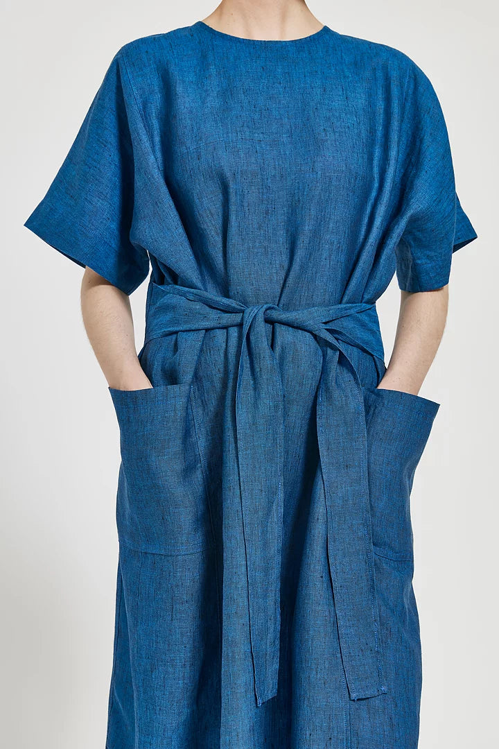 Mari belted linen dress - deep night blue