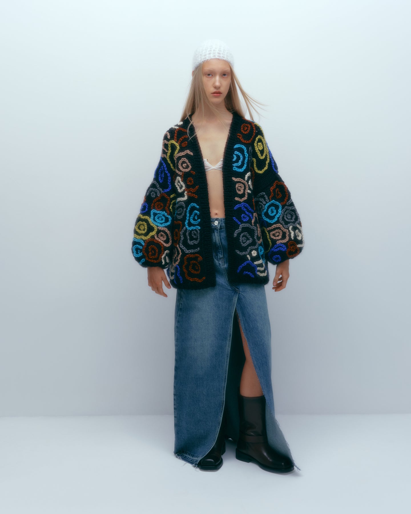 Puff Sleeve Cardigan with Flowers - Black