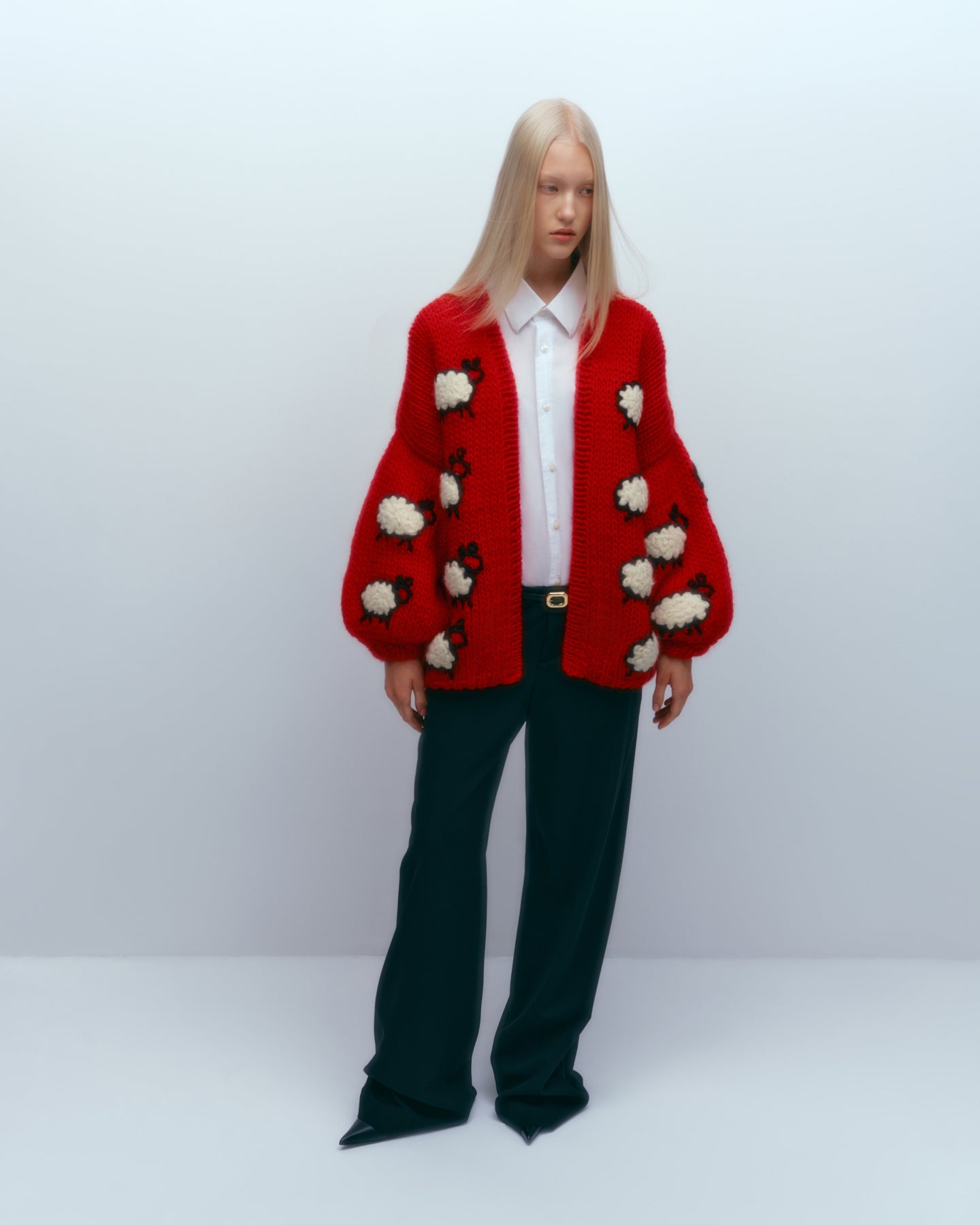 Puff sleeve cardigan with sheep - Red