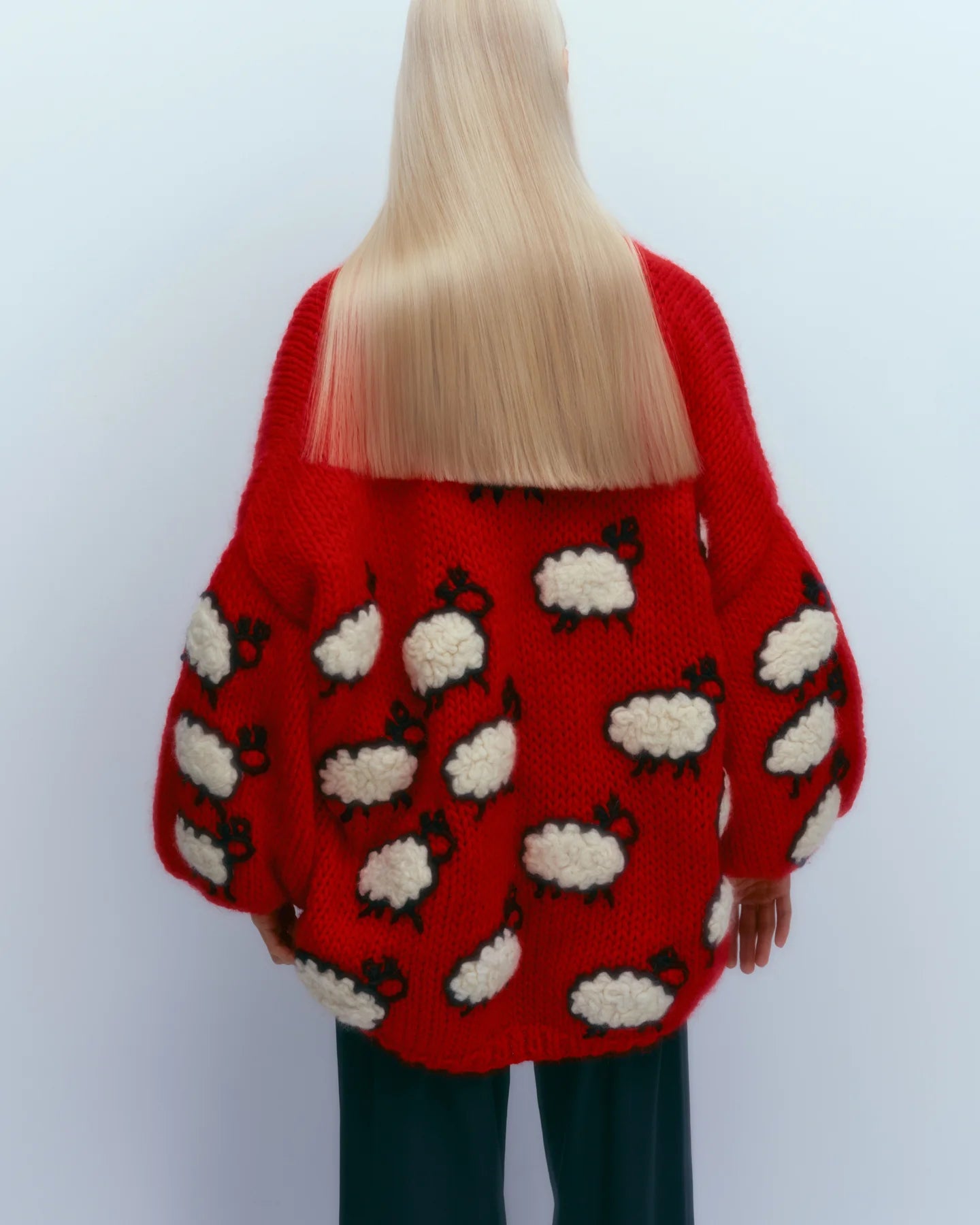 Puff sleeve cardigan with sheep - Red