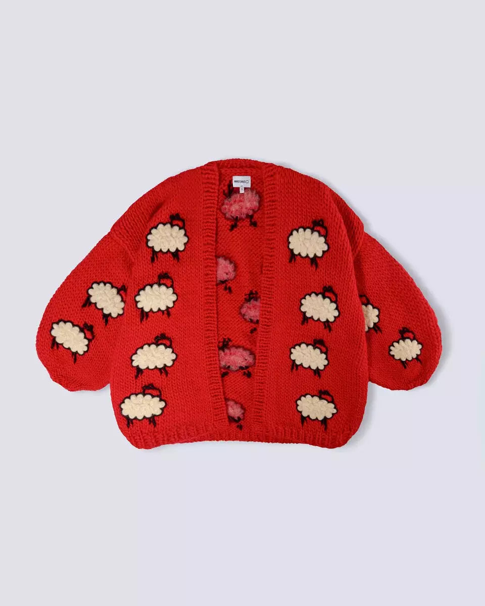Puff sleeve cardigan with sheep - Red
