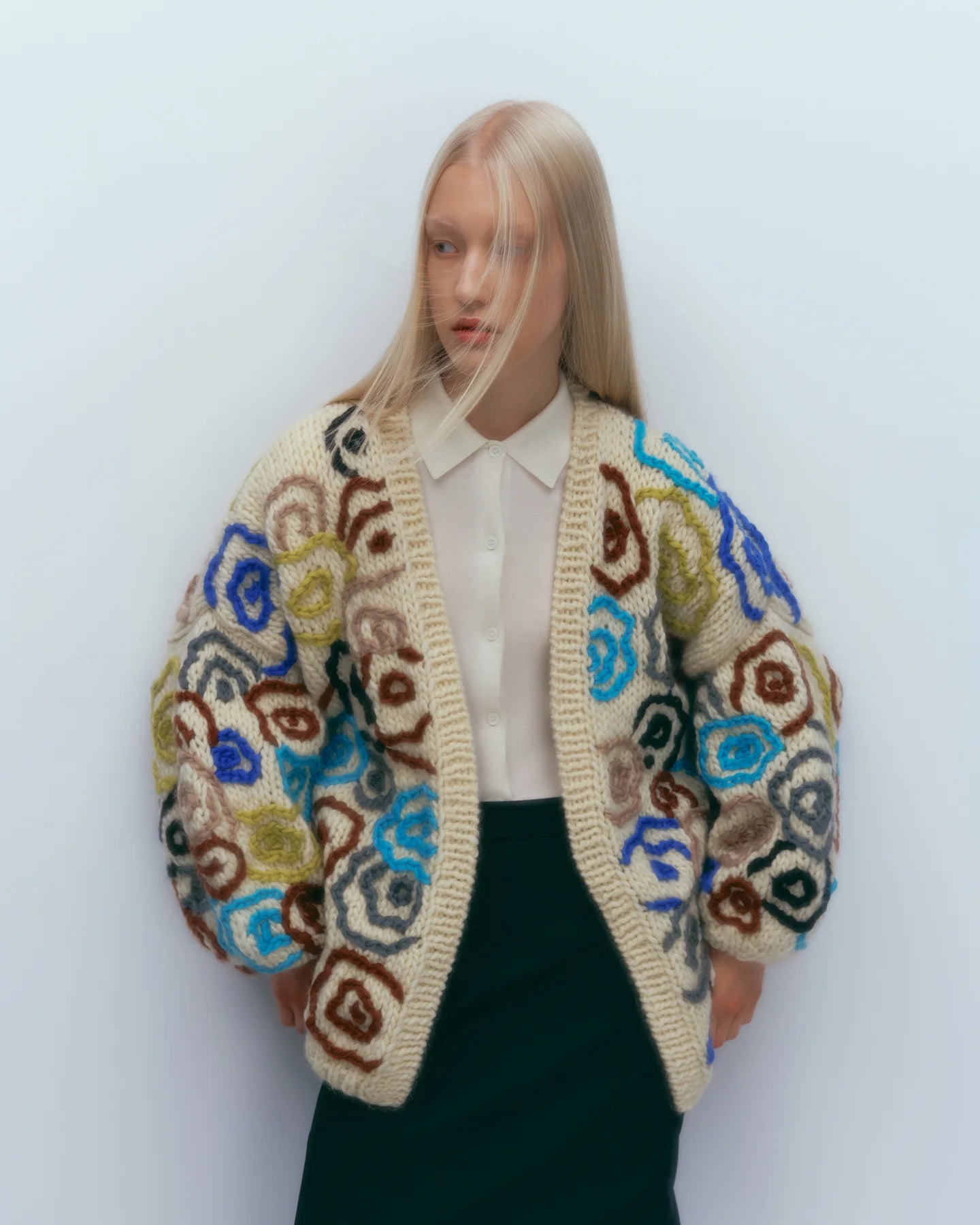 Puff Sleeve Cardigan with Flowers - Ivory