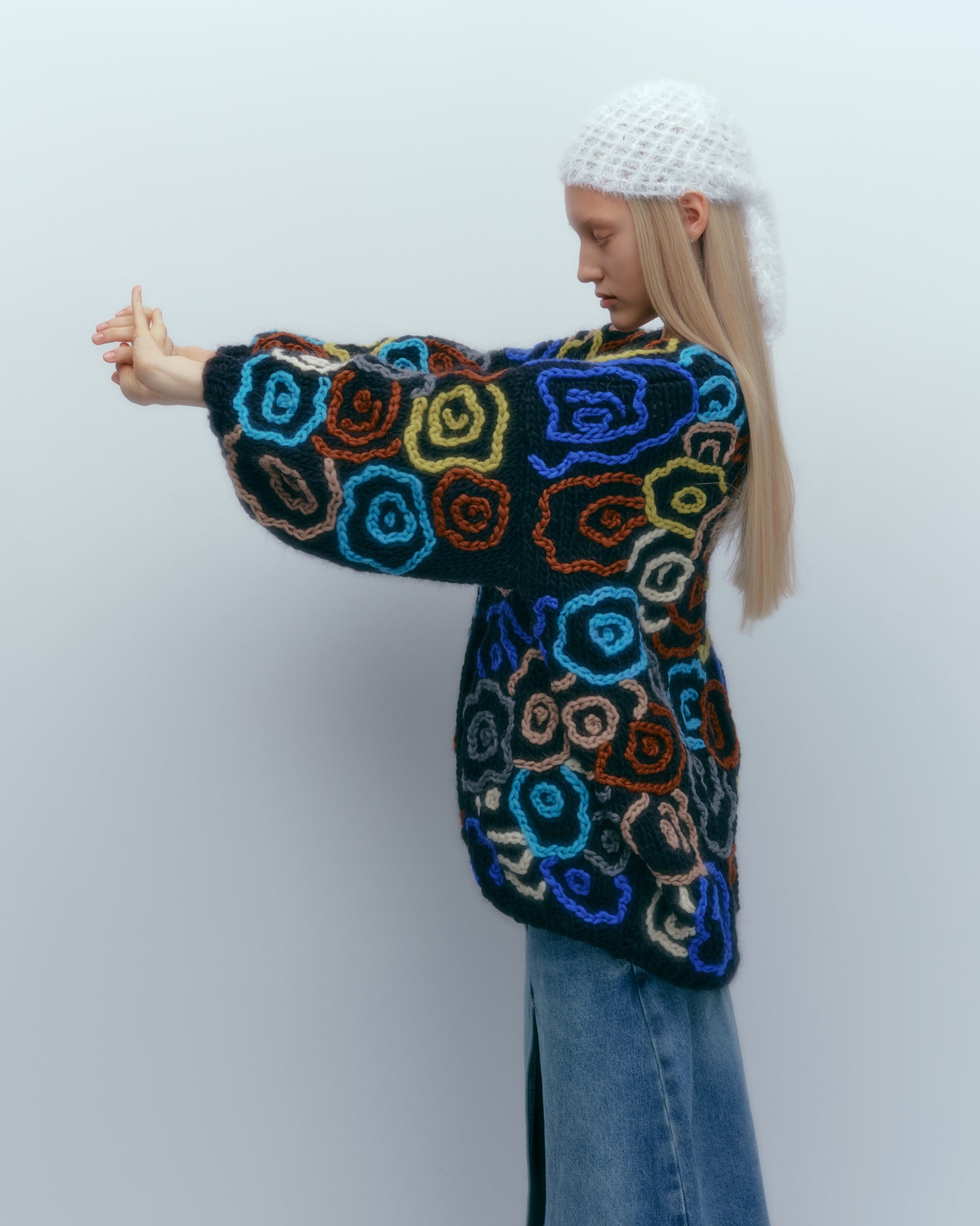 Puff Sleeve Cardigan with Flowers - Black