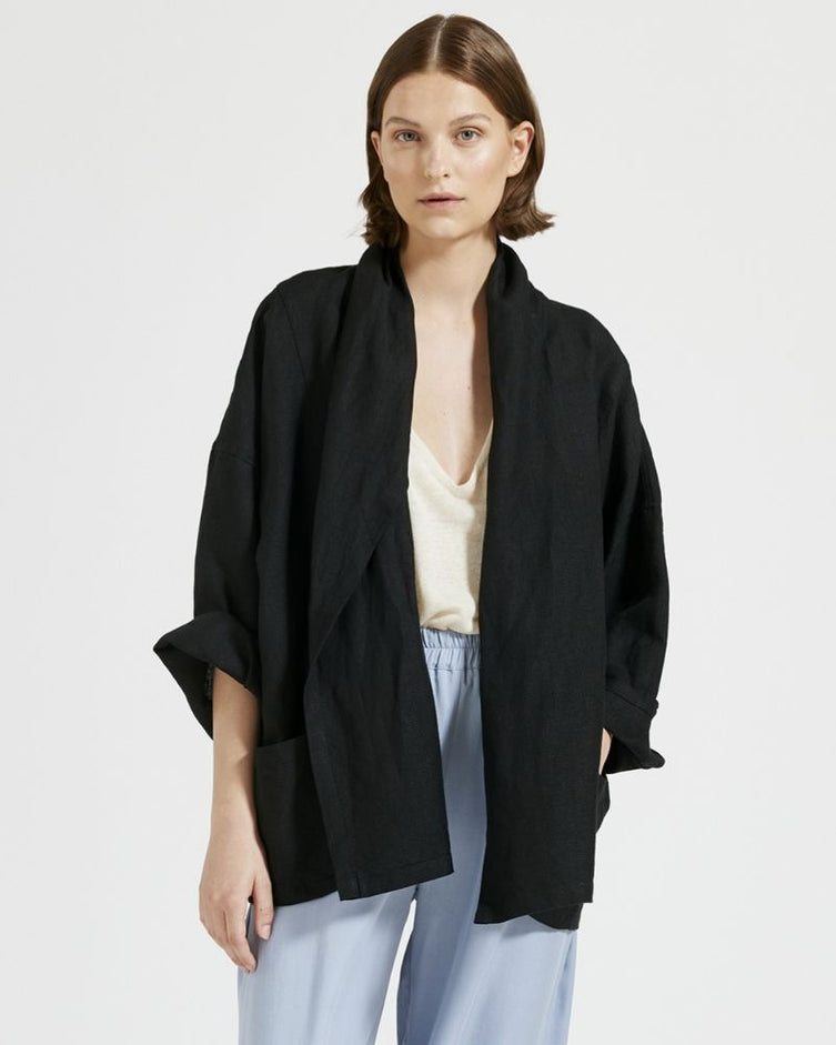 Vira Kimono Wrap Linen Jacket - Black