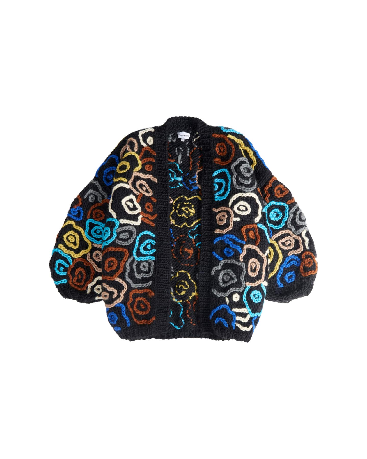 Puff Sleeve Cardigan with Flowers - Black