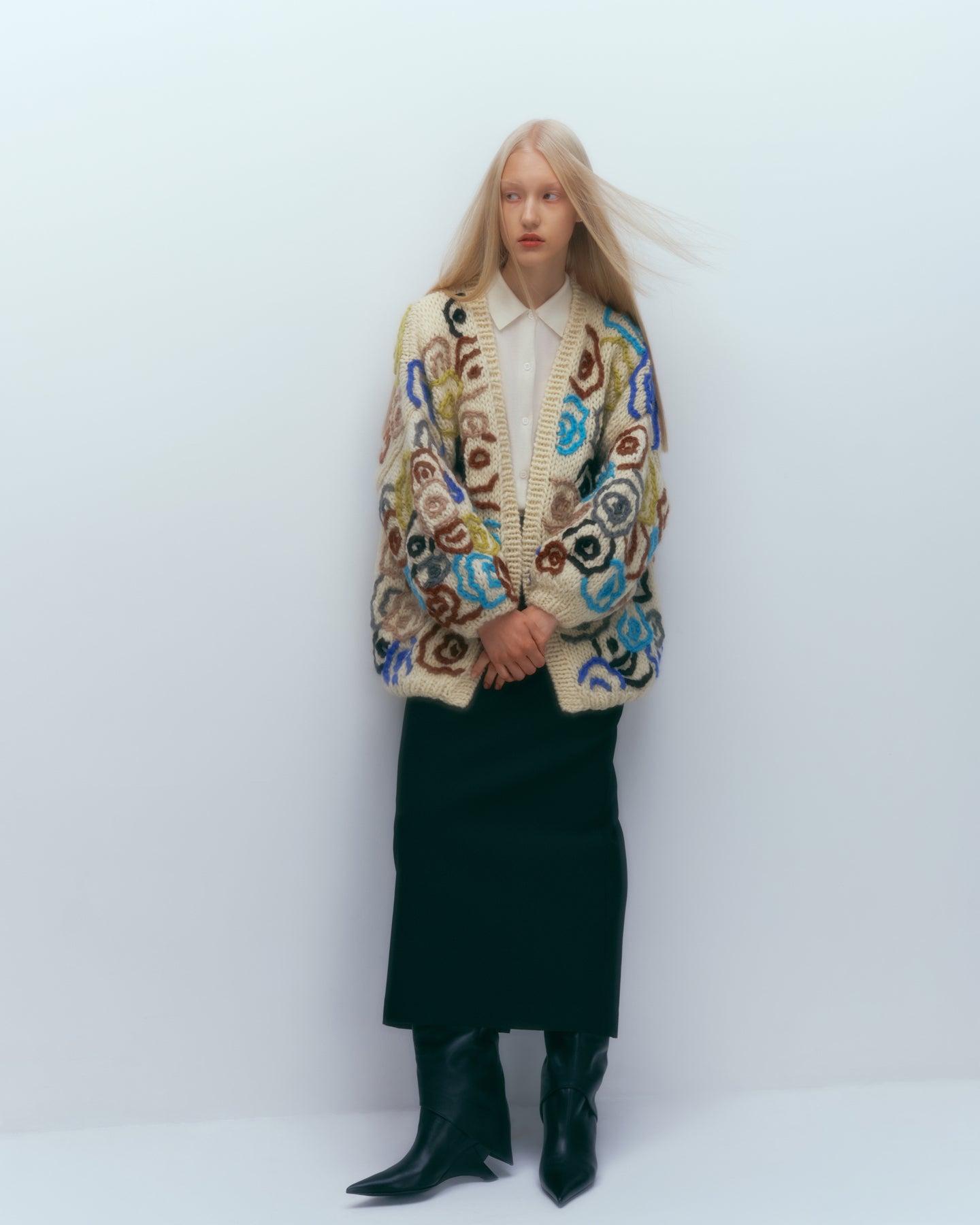 Puff Sleeve Cardigan with Flowers - Ivory