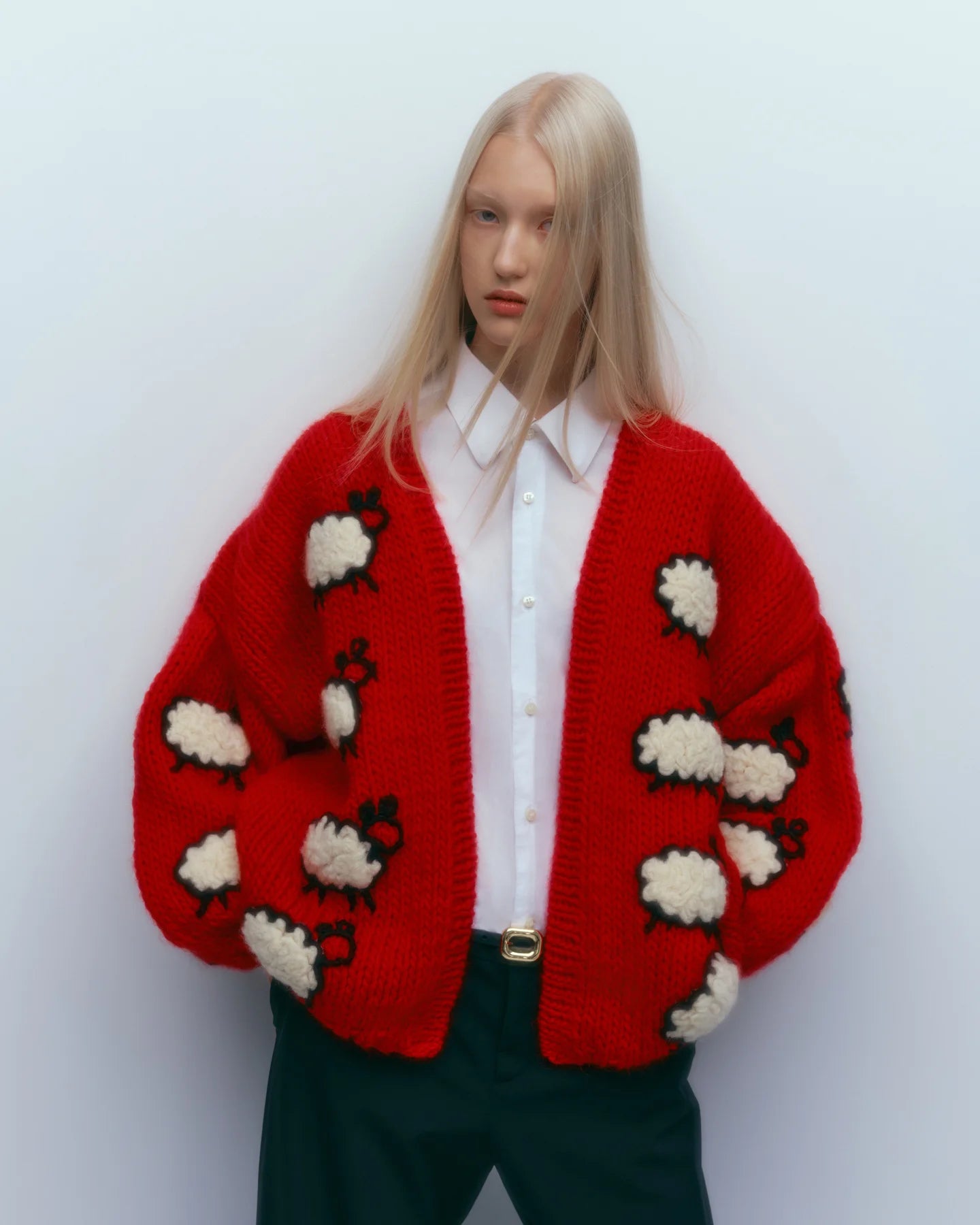 Puff sleeve cardigan with sheep - Red