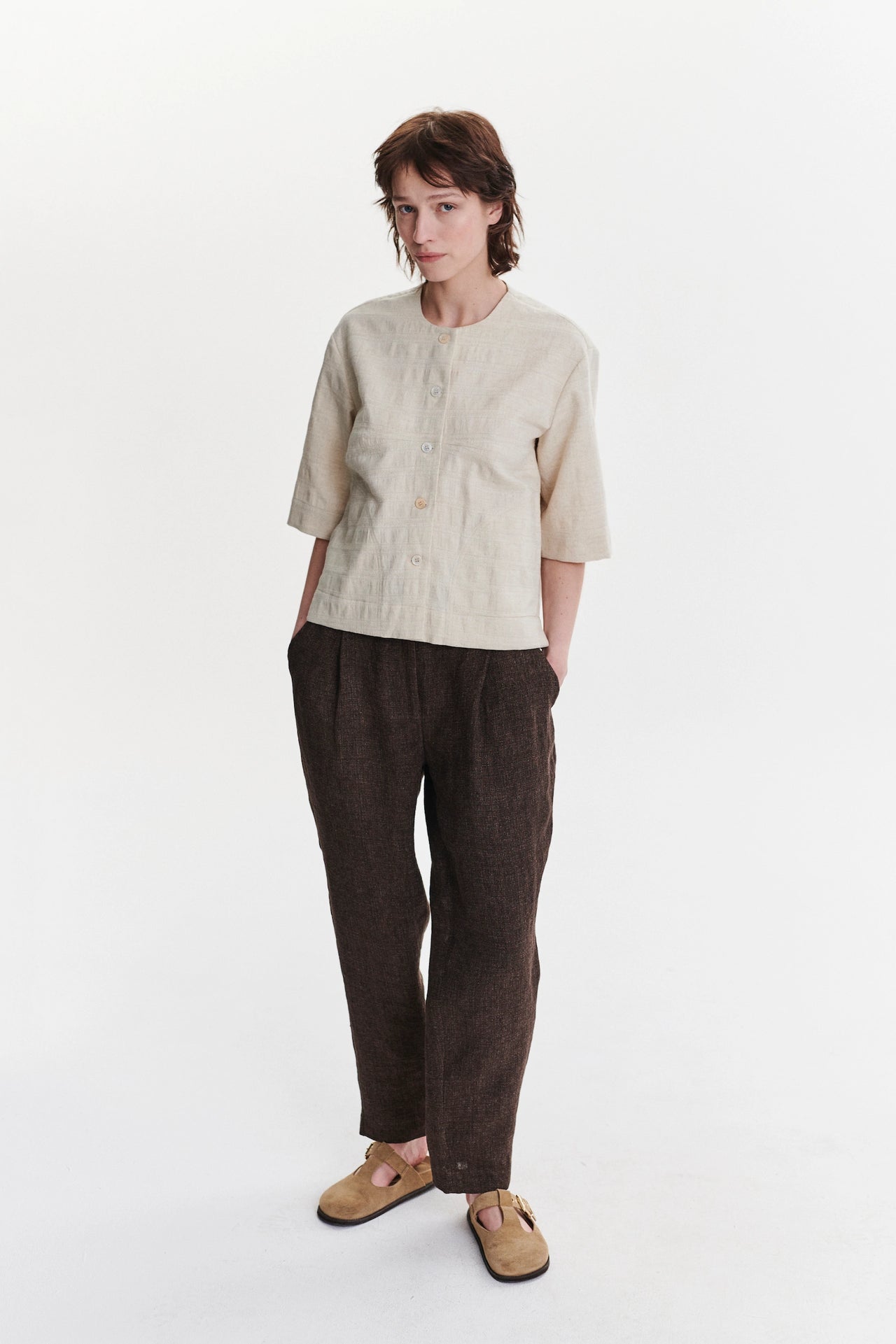 Collarless Jacket Shirt in Structural Japanese Cotton - Navy
