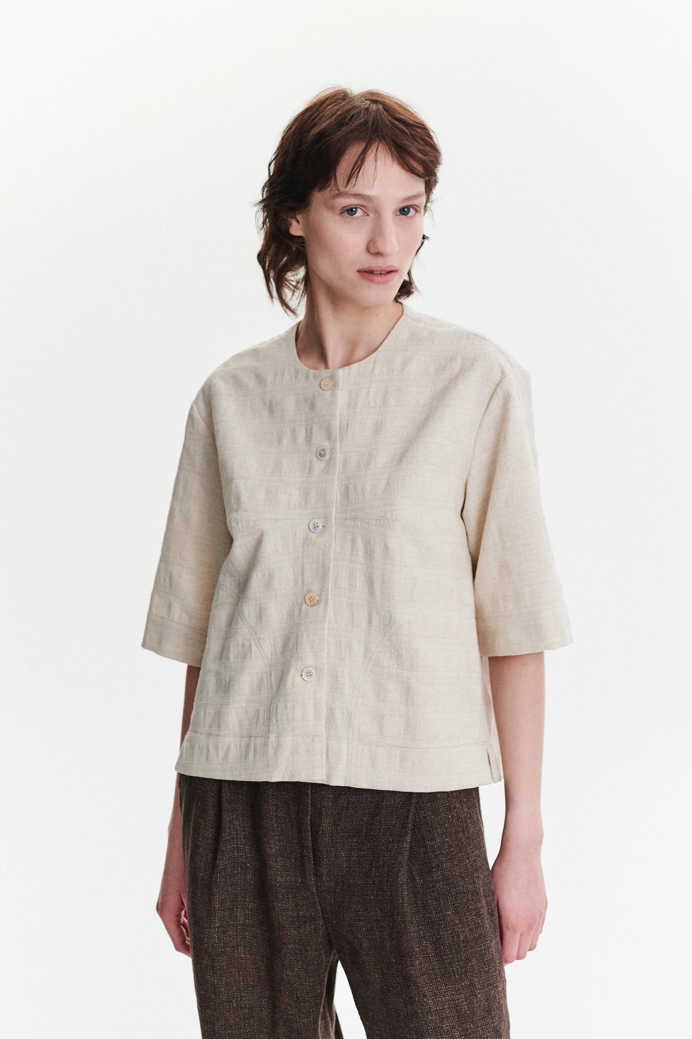Collarless Jacket Shirt in Structural Japanese Cotton - Navy
