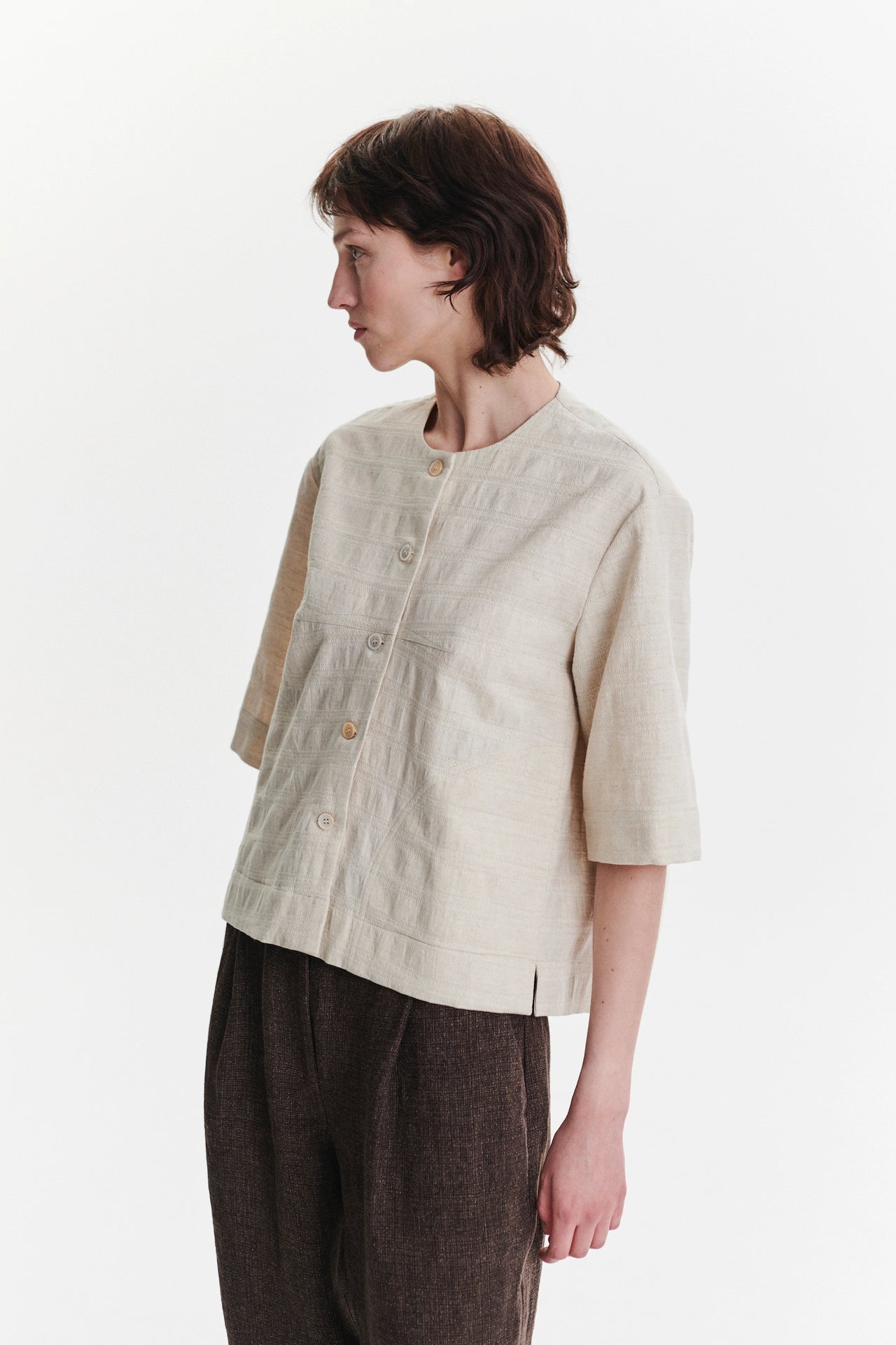 Collarless Jacket Shirt in Structural Japanese Cotton - Navy