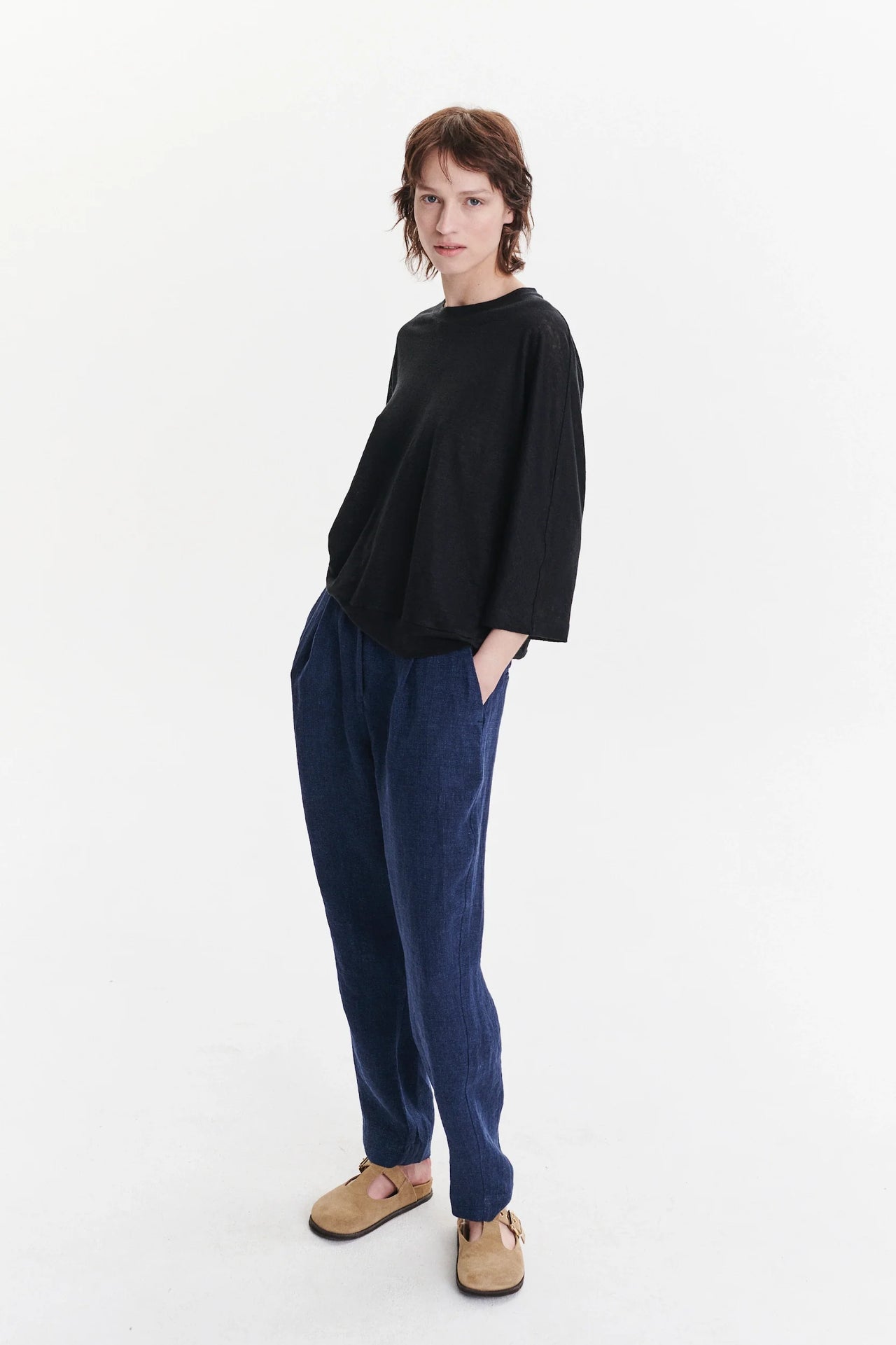 Threequarter Sleeve Top in the Finest Black Lithuanian Linen Jersey - Black
