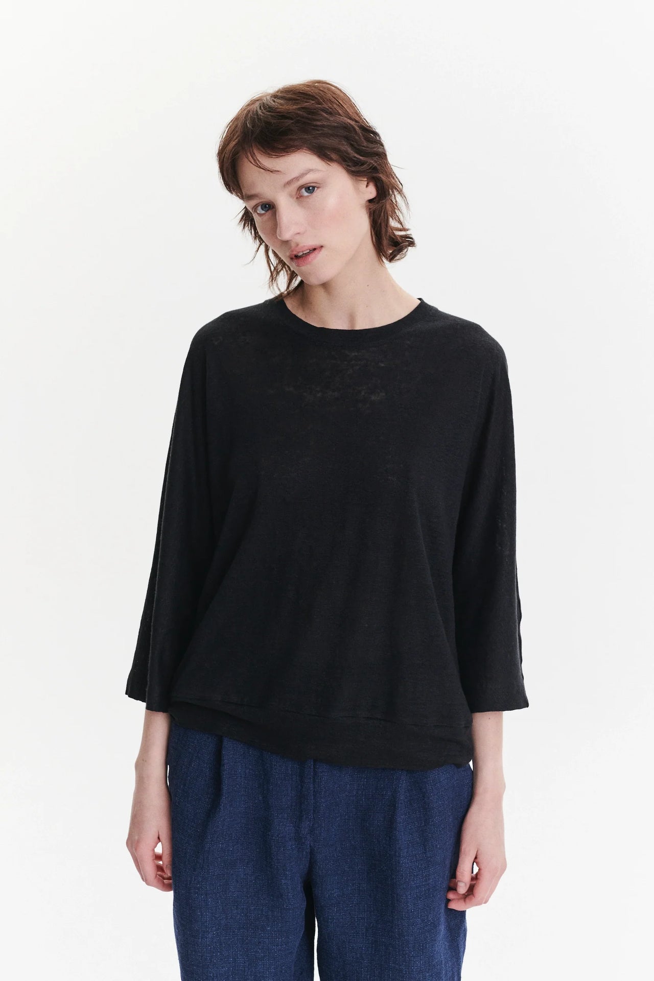 Threequarter Sleeve Top in the Finest Black Lithuanian Linen Jersey - Black