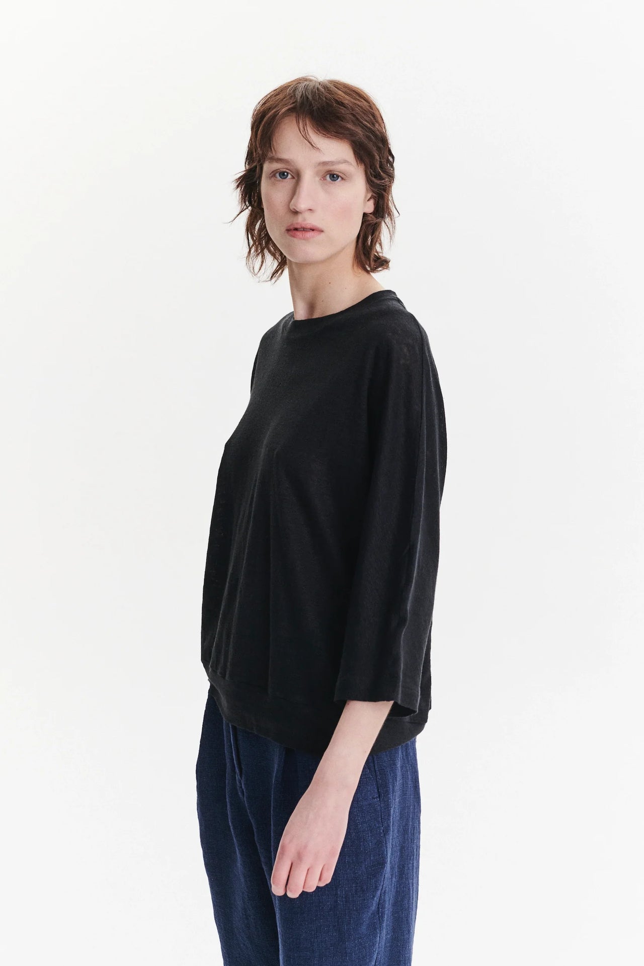 Threequarter Sleeve Top in the Finest Black Lithuanian Linen Jersey - Black