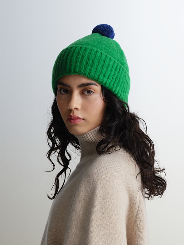 Brushed Plain Hat Contrast Pompom -  Moss