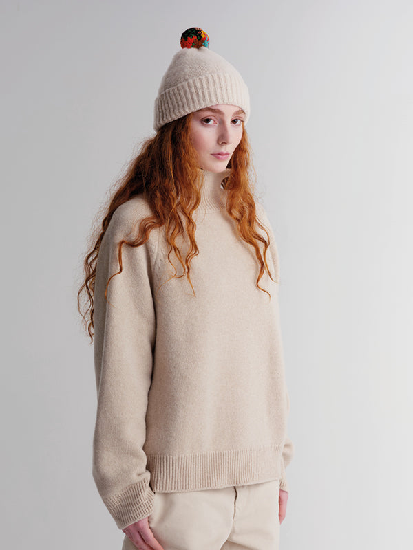 BRUSHED PLAIN HAT STRIPE POMPOM - OATMEAL