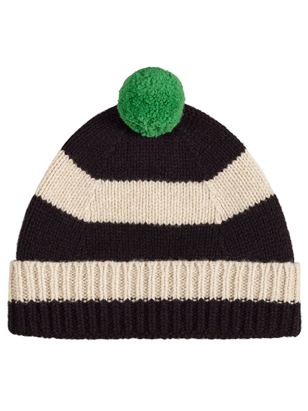 Stripe Pompom Hat -  Black & Oatmeal