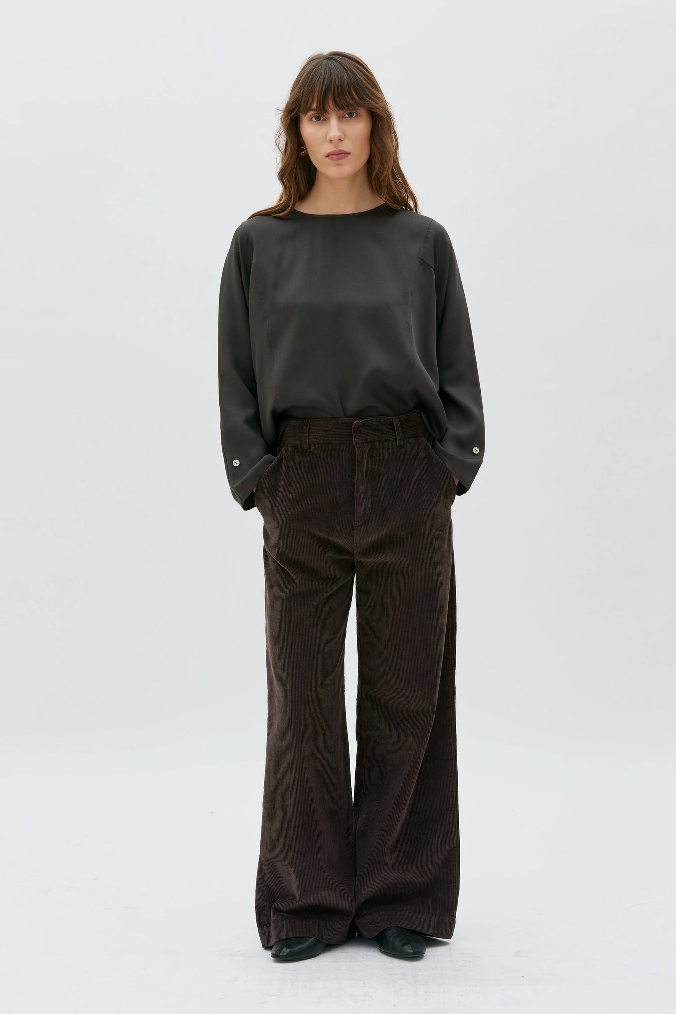 Aya Wide Leg Corduroy Trousers - Brown Melange
